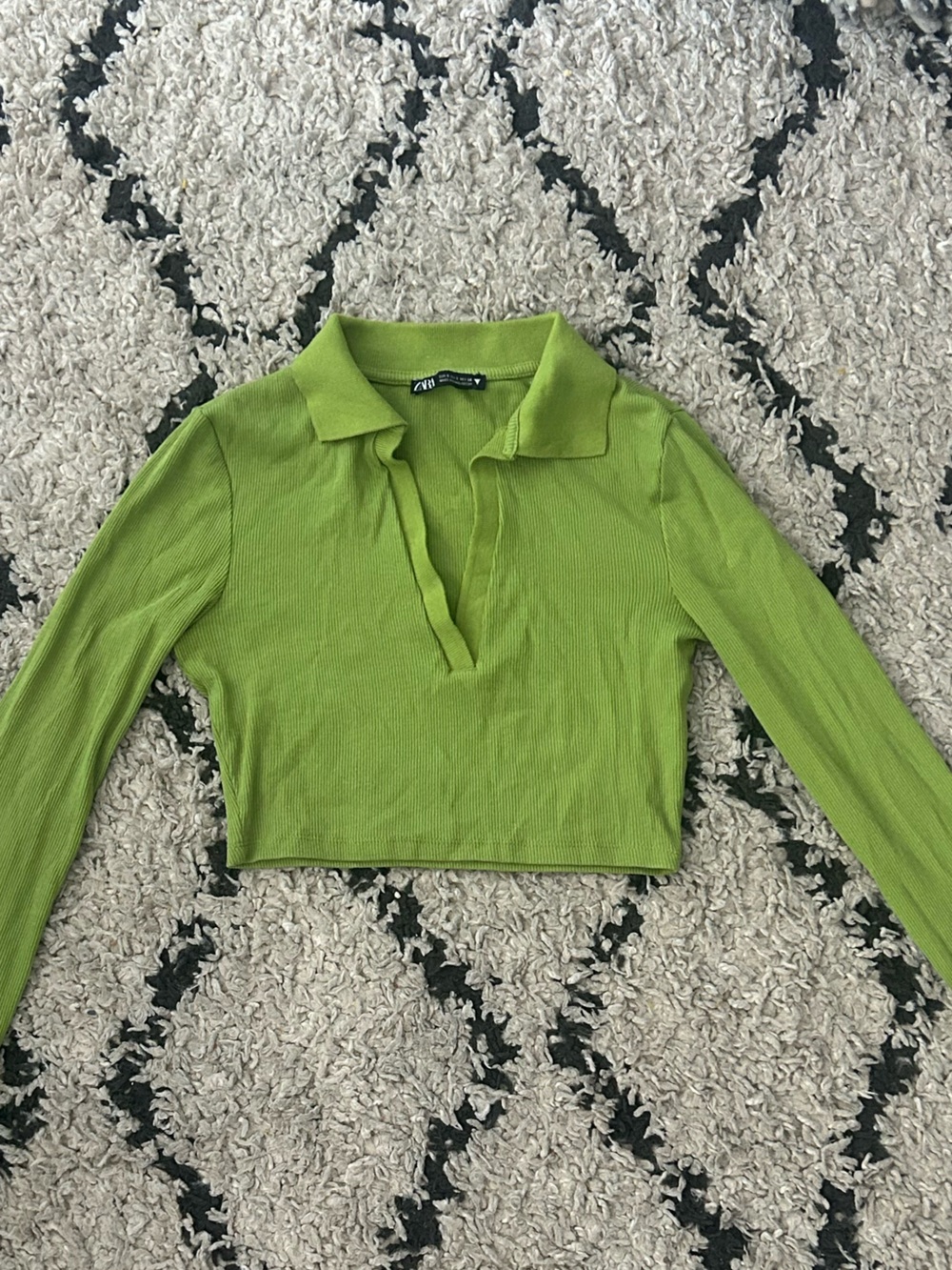 Zara Green Cropped Long-Sleeve Polo Top